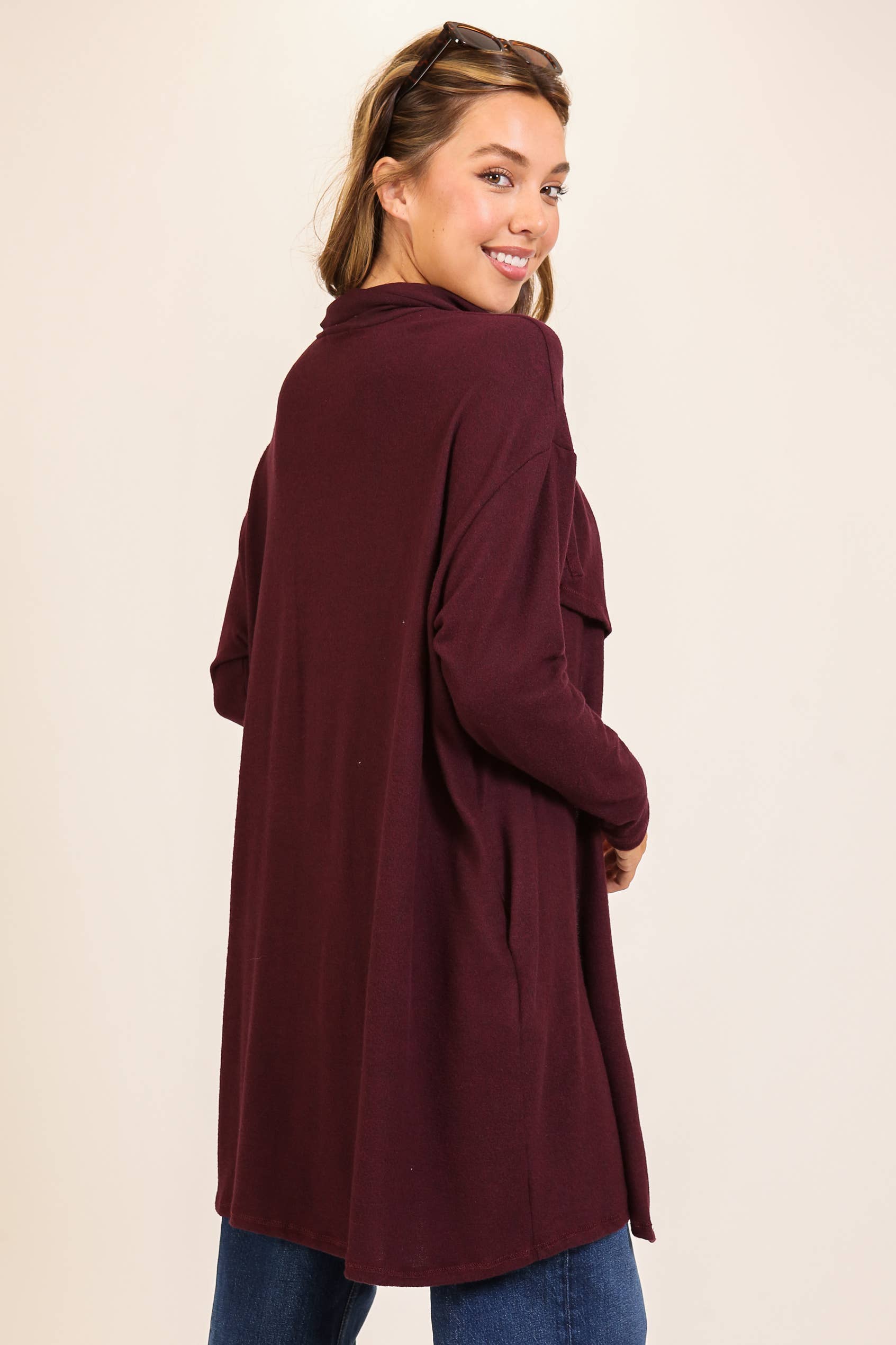 Cozy Open-Front Knit Cardigan: WINE
