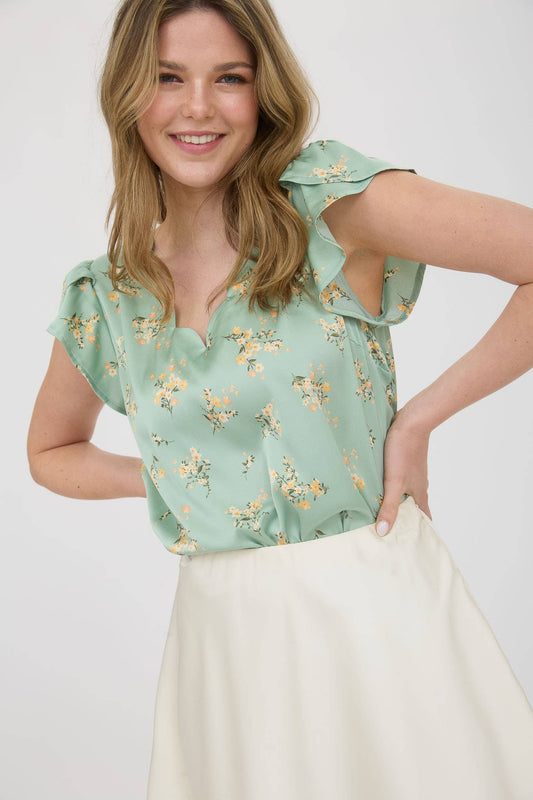 FLORAL PRINT V NECK SCALLOP SATIN BLOUSE