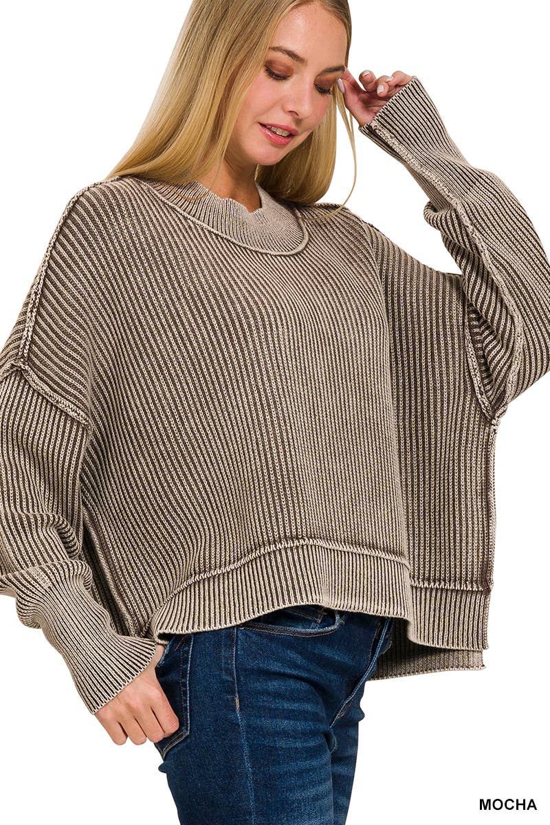 Mineral Washed Oversized Cropped Sweater: MOCHA