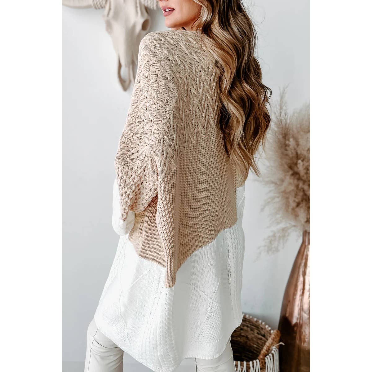 Color Block Knit Bell Sleeve Loose Cardigan