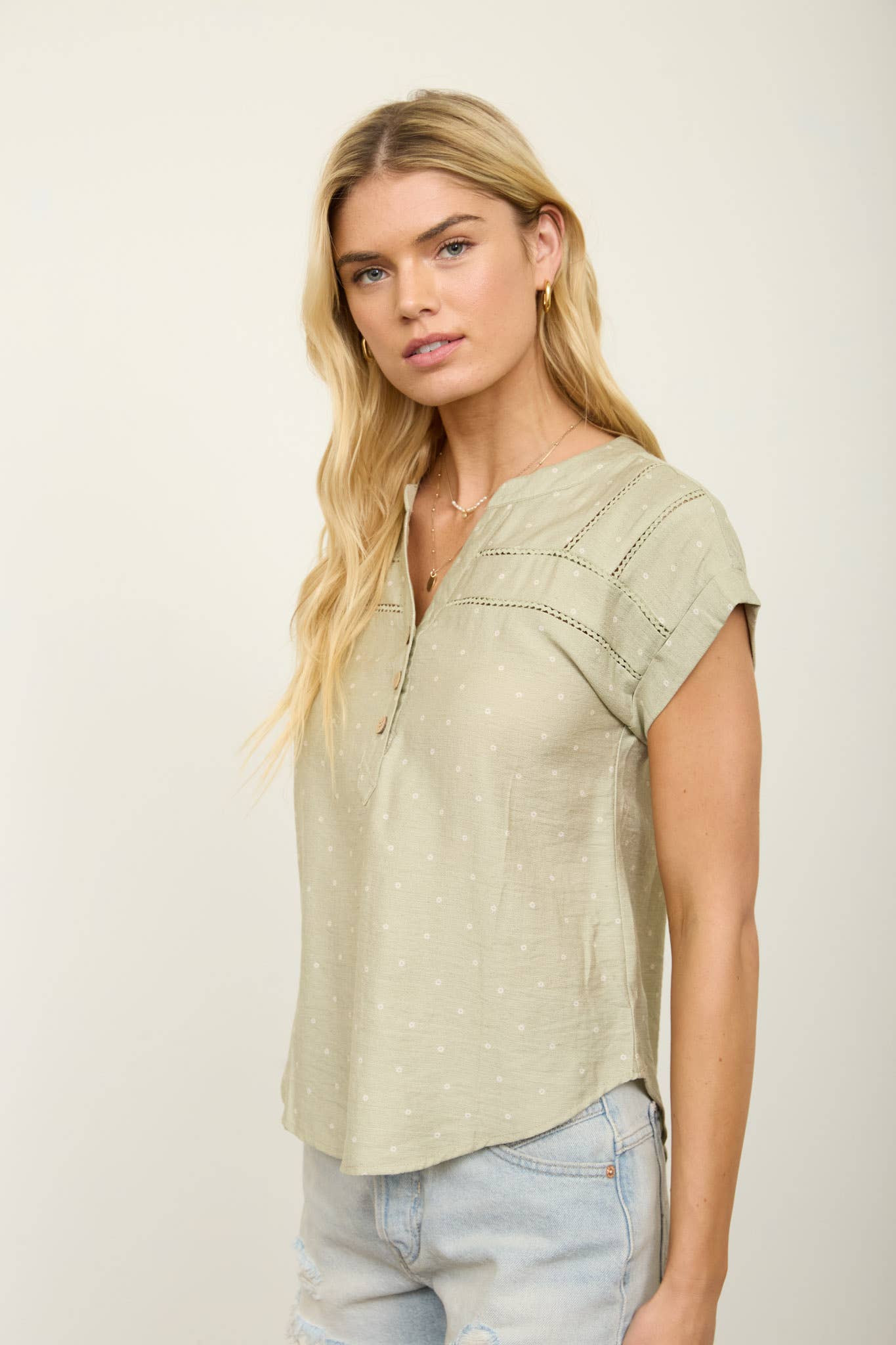 POLKA DOT LACE TRIM HALF BUTTON TOP : LIGHT OLIVE