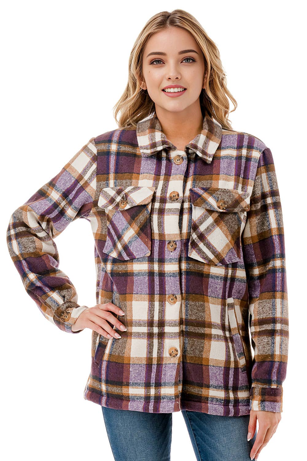 Fur lined plaid flannel shirt shacket with pockets