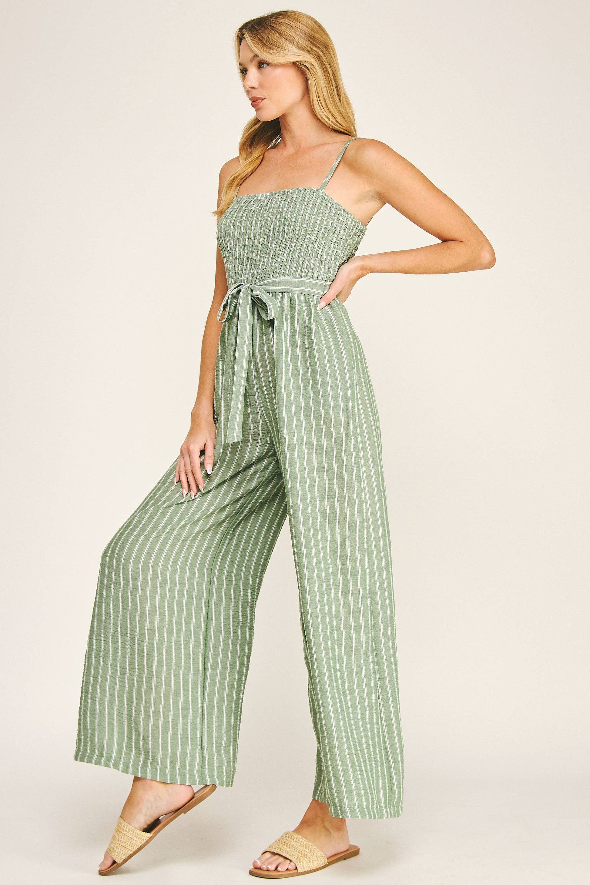 COASTAL STRIPE SMOCKED WIDE LEG JUMPSUIT