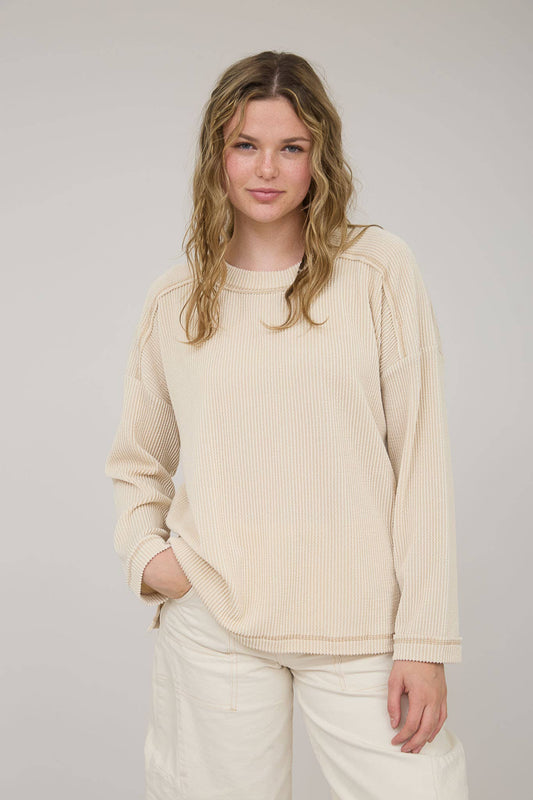 CREW NECK RIBBED LONG SLEEVE KNIT TOP: OATMEAL
