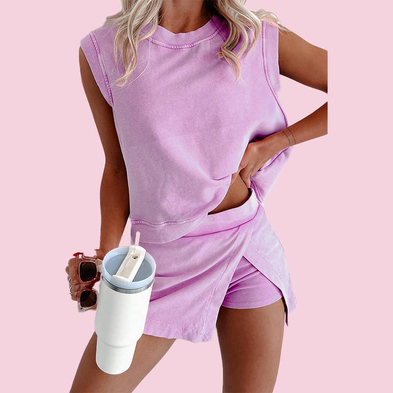 Mineral Wash Cotton Lined Split Athletic Skort: Purple