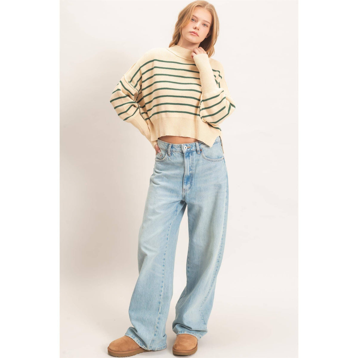 Striped Mock Neck Cropped Sweater: GREEN