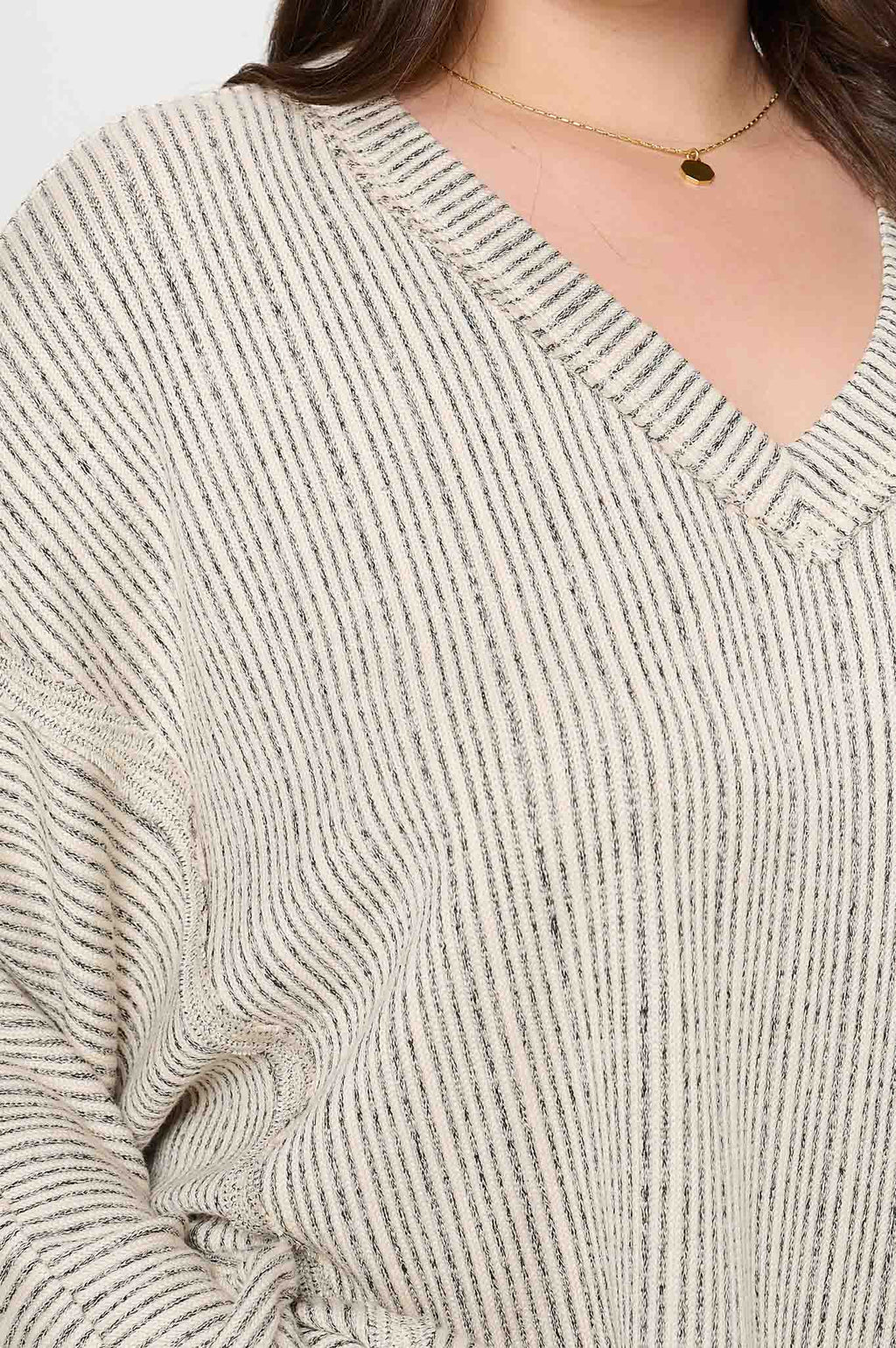STRIPED DROP SHOULDER V NECK KNIT TOP