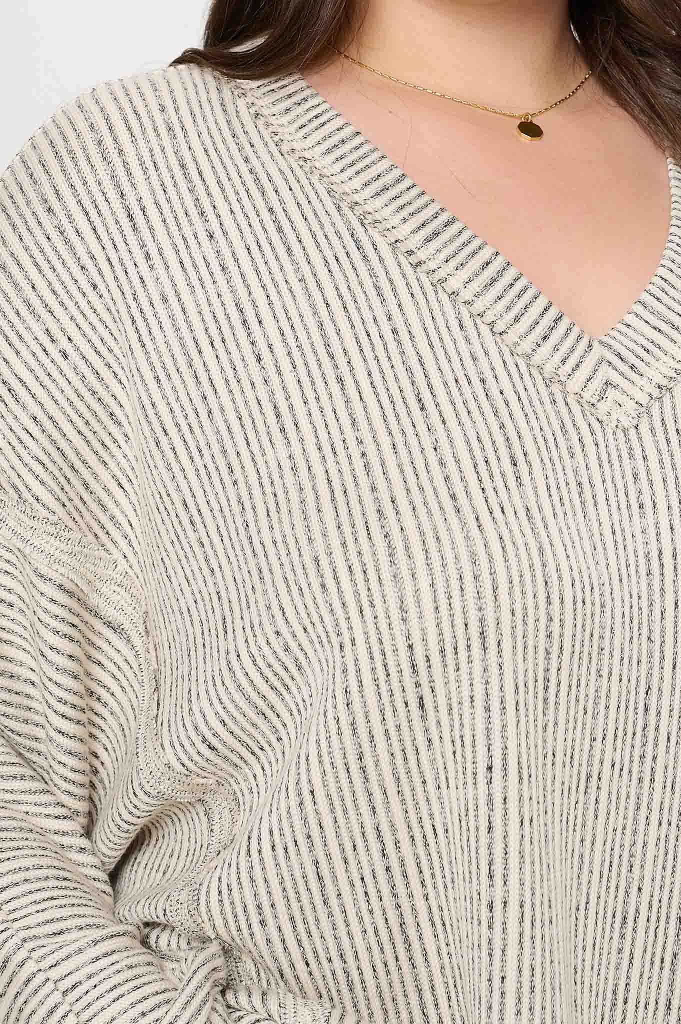 STRIPED DROP SHOULDER V NECK KNIT TOP