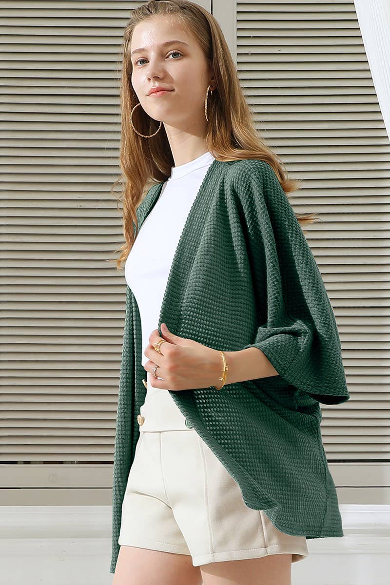 WAFFLE KNIT CARDIGAN: TEAL