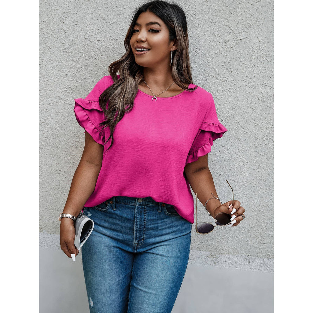 Round Neck Ruffle Solid Loose Shirt: FUCHSIA