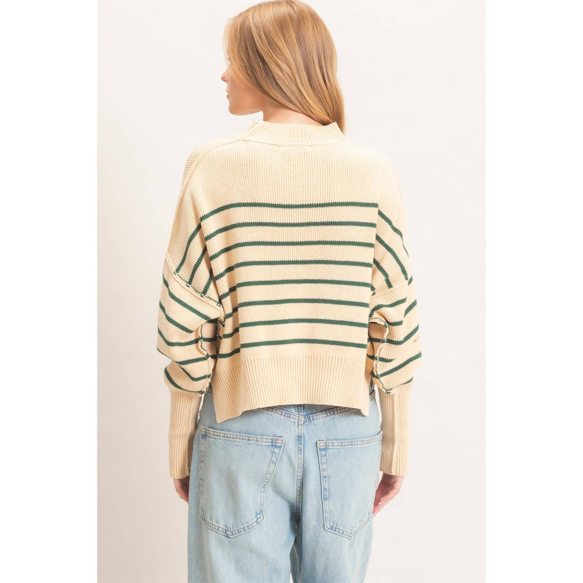 Striped Mock Neck Cropped Sweater: GREEN