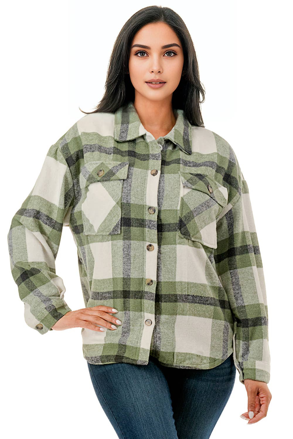 Green tone plaid flannel shacket  w/fur lined warm jacket