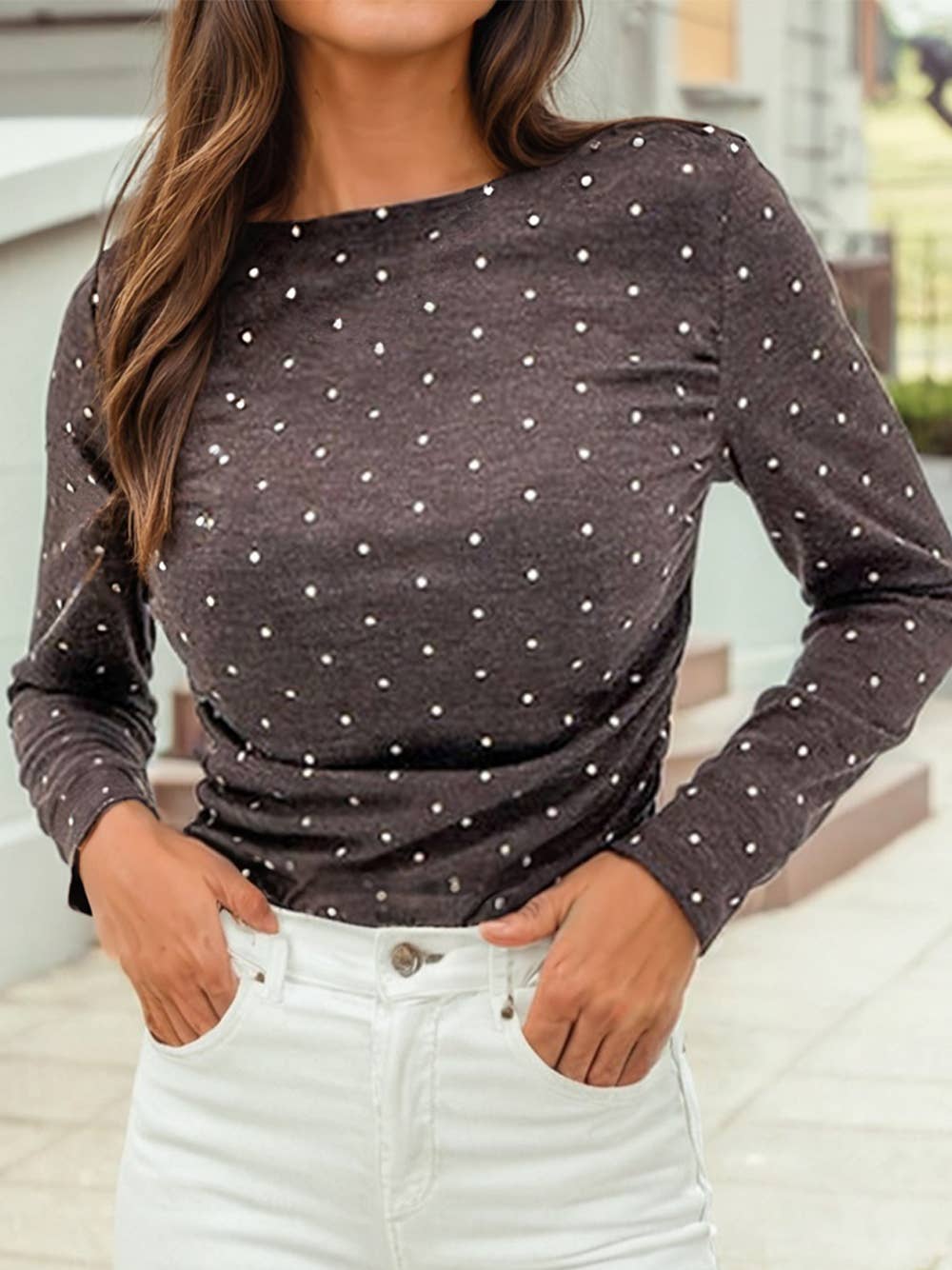 Polka Dot Boat Neck Long Sleeve Shirt: Dark Brown