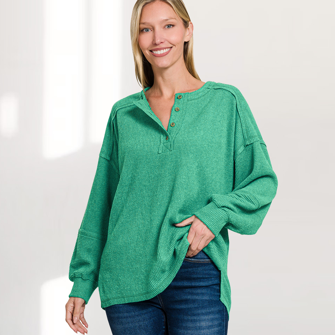 Ribbed Brushed Hacci 2tone Henley Sweater