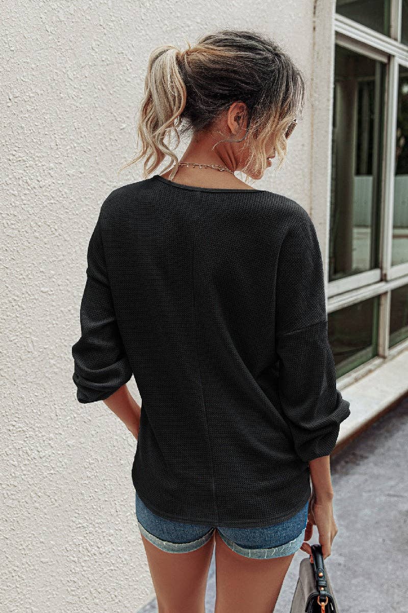 Waffle Knit Button V Neck Lantern Sleeve