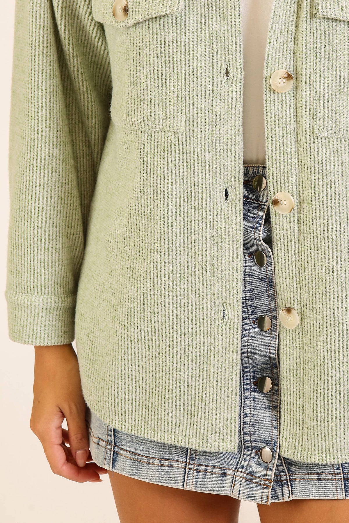 Brushed Waffle Button-Up Shacket: SAGE