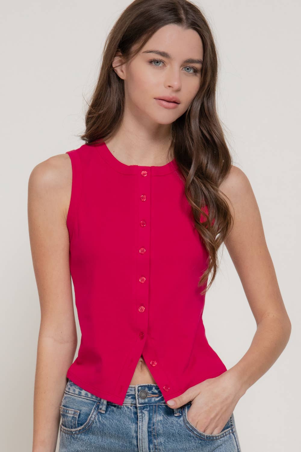 Crew Neck Button Down Tank Top