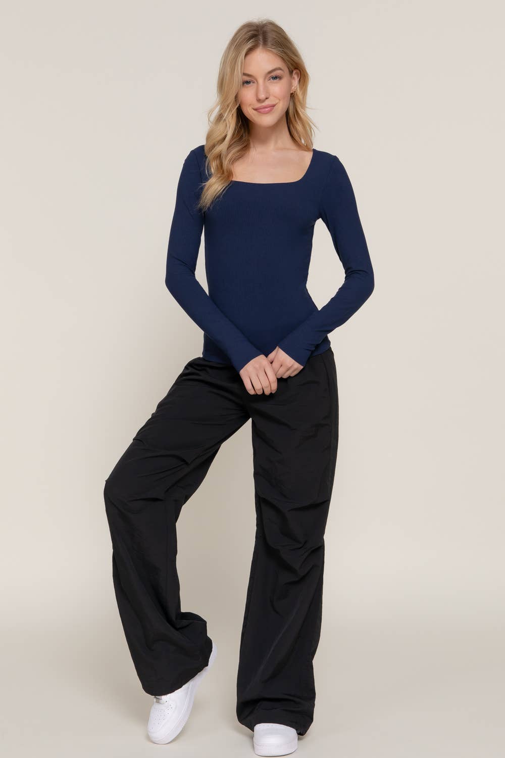 Square Neck Double Layer Ribbed Knit Top: NAVY