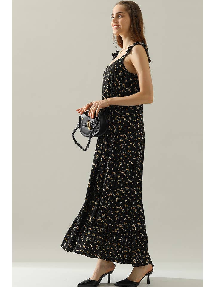 RUFFLE DETAILED SLEEVELESS MAXI DRESS: BLACKYELLOWFRL
