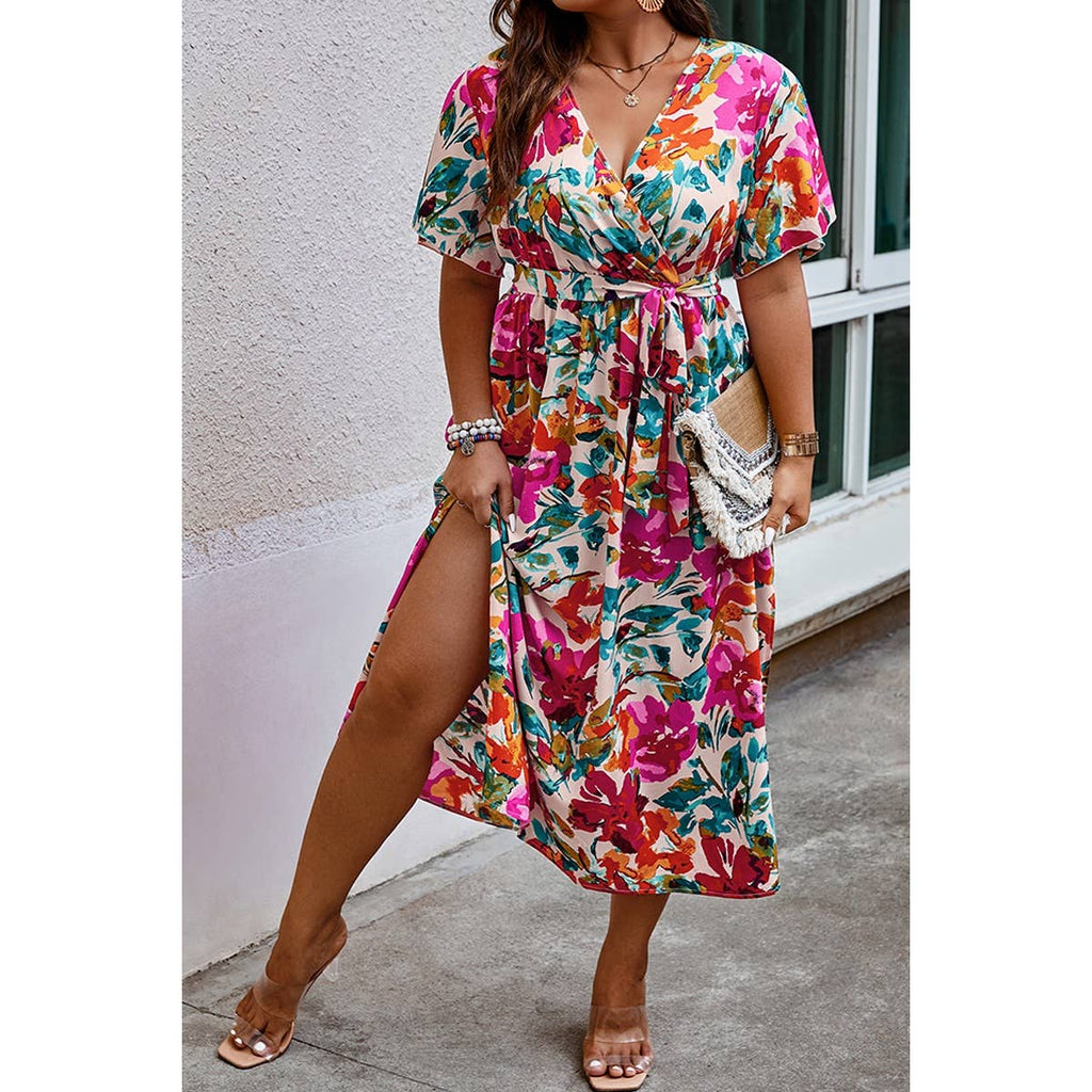 Floral Print Wrap Dress: MULTI