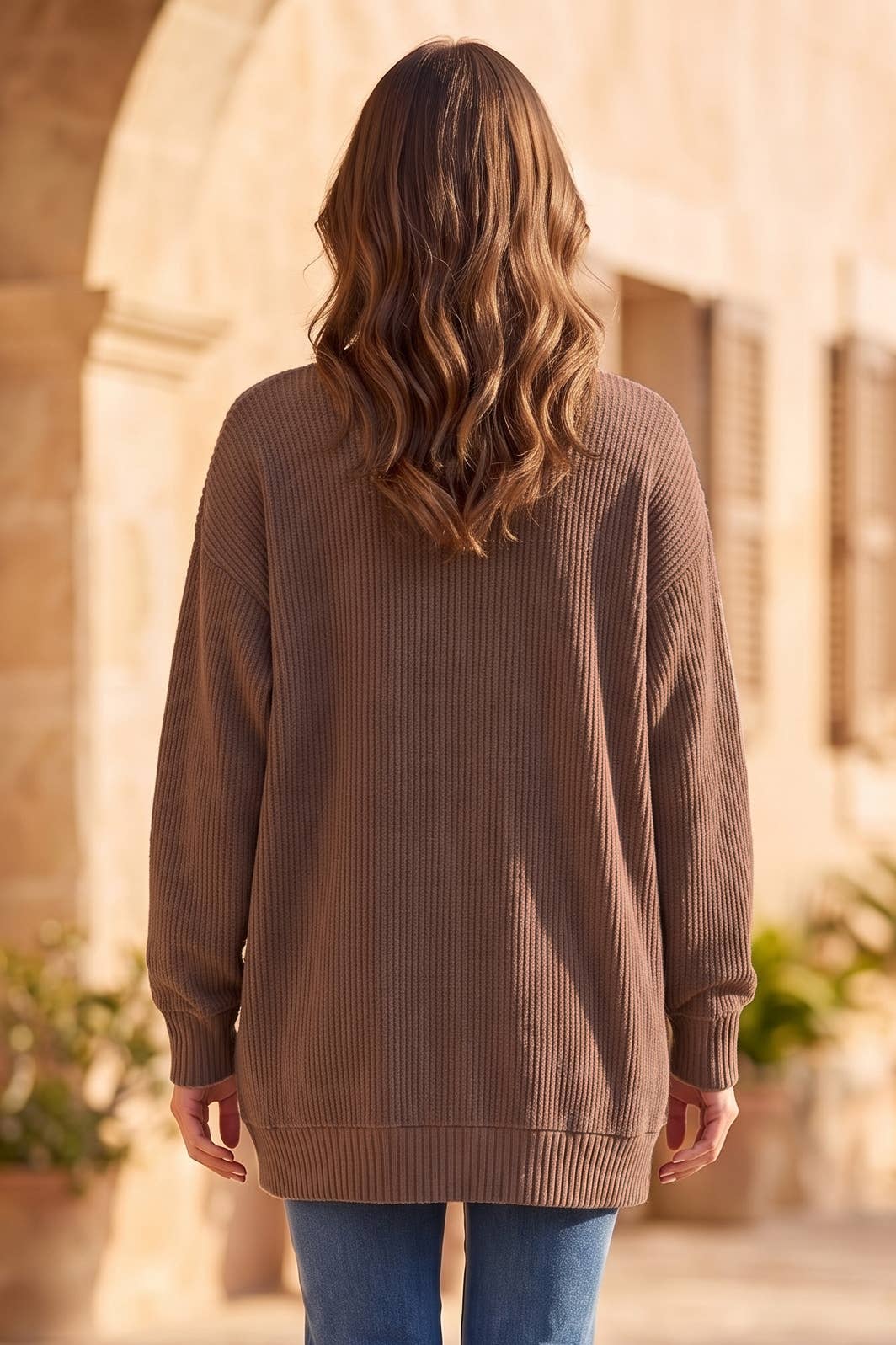 Curly Rib Relaxed Front Pocket Cardigan: MOCHA
