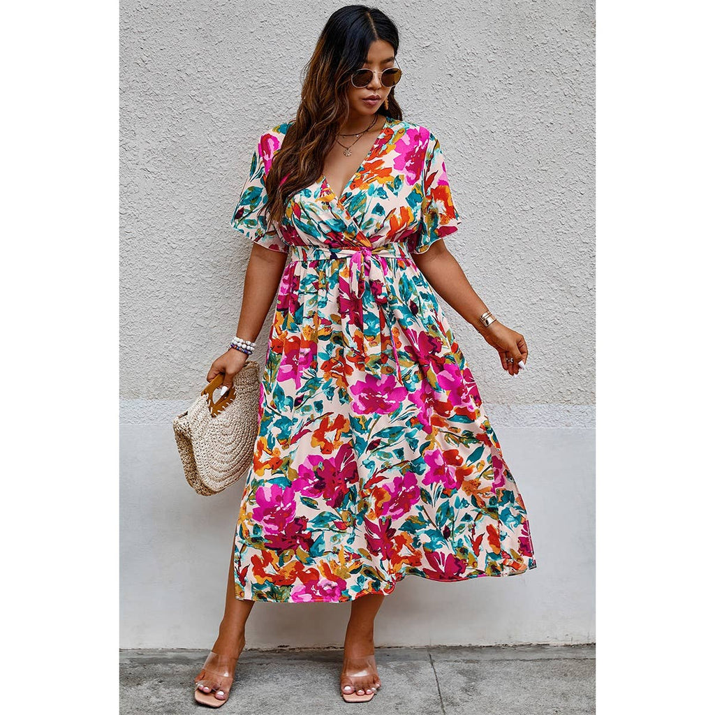 Floral Print Wrap Dress: MULTI