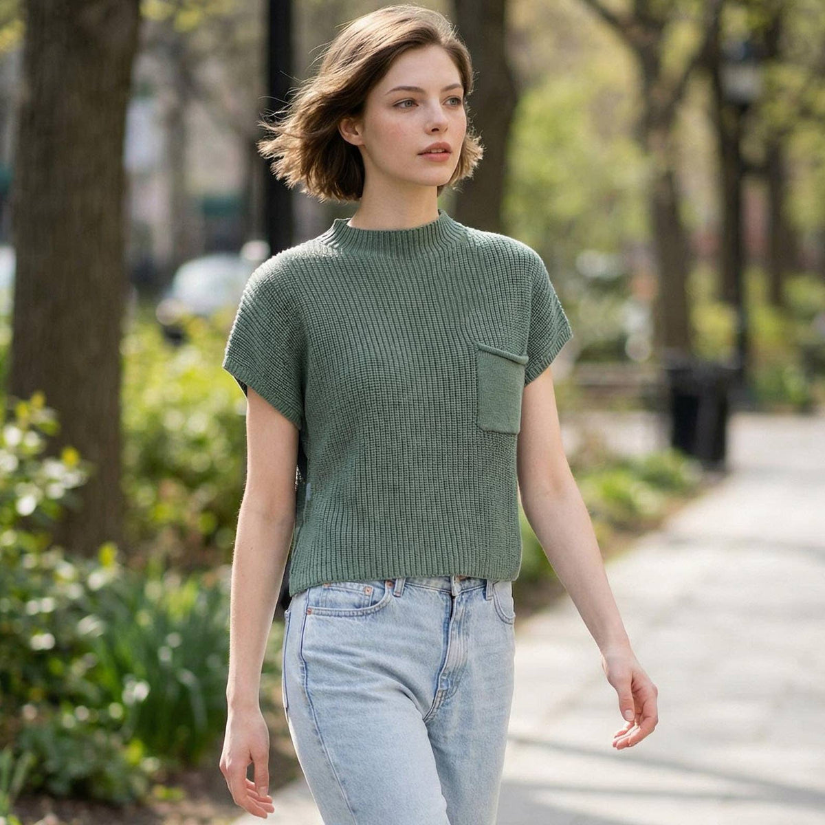 Mock Neck Short Sleeve Sweater: ASH JADE