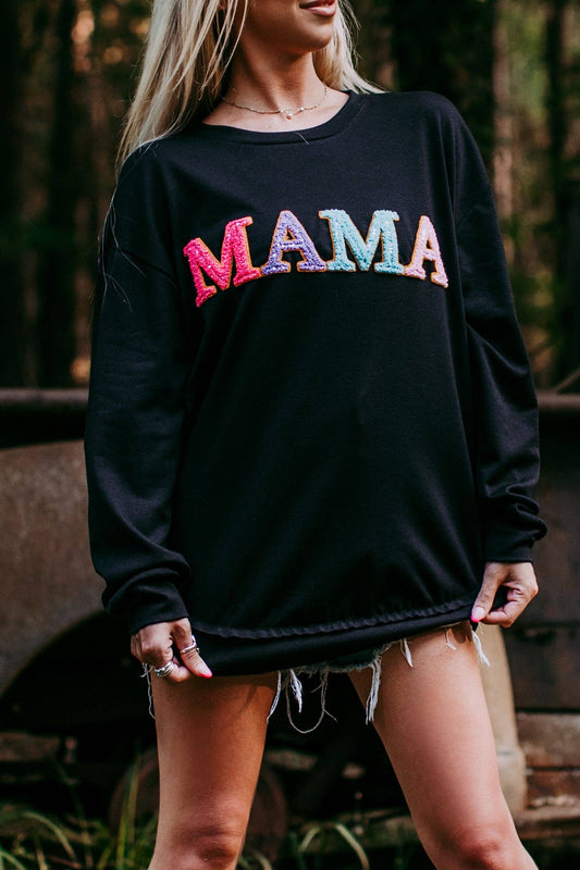 MAMA Chenille Sequins Embroidery Sweatshirt: Black