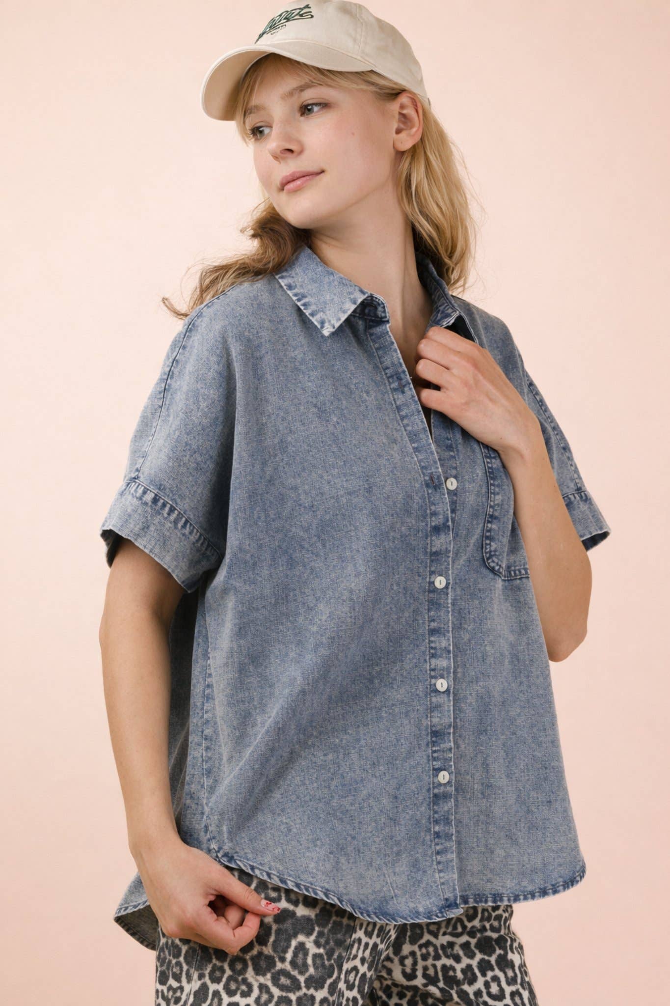 Mineral Washed Chambray Oversized Shirt Top: INDIGO