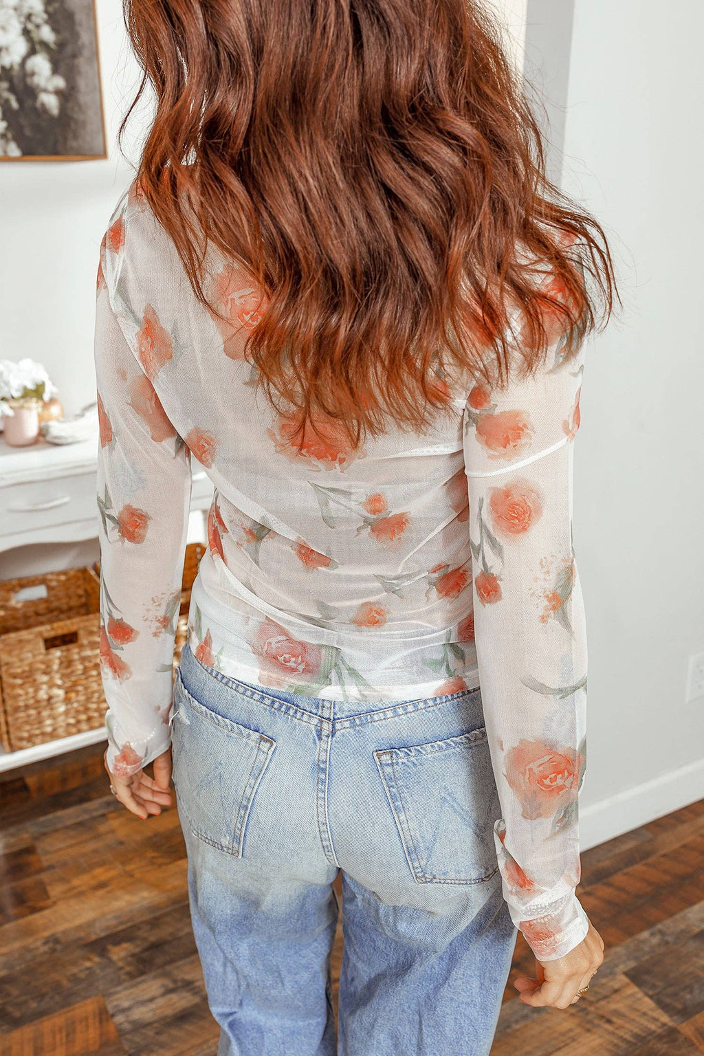 Floral Print Mesh Long Sleeve Top