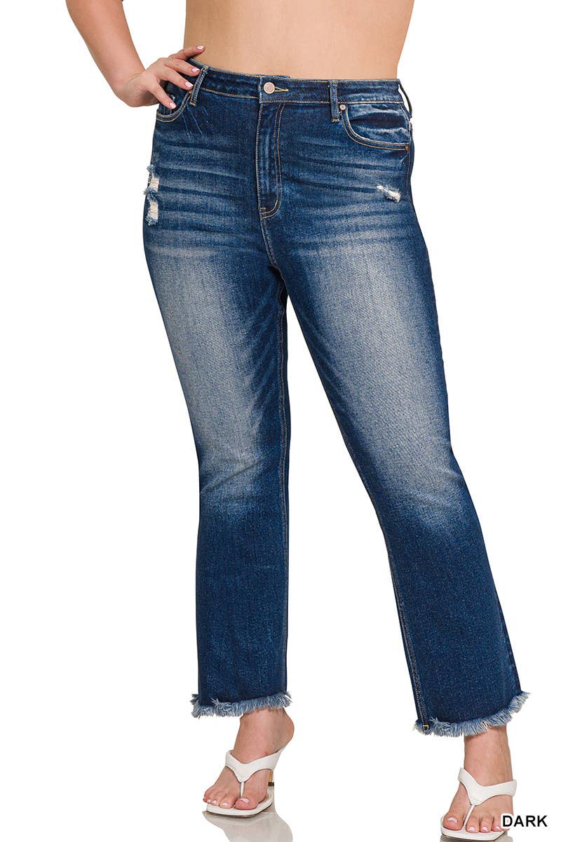 High Rise Straight Raw Hem Denim Pants