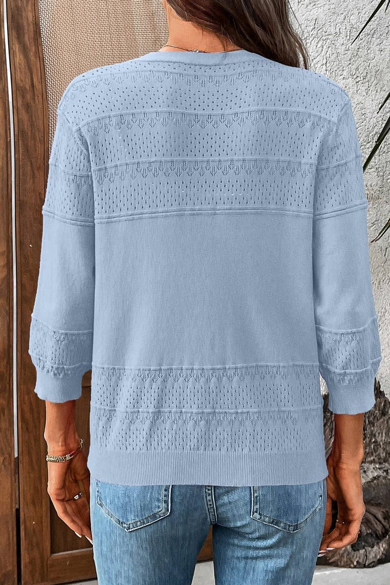 THREE-QUARTER SLEEVE KNIT CARDIGAN: LIGHTBLUE