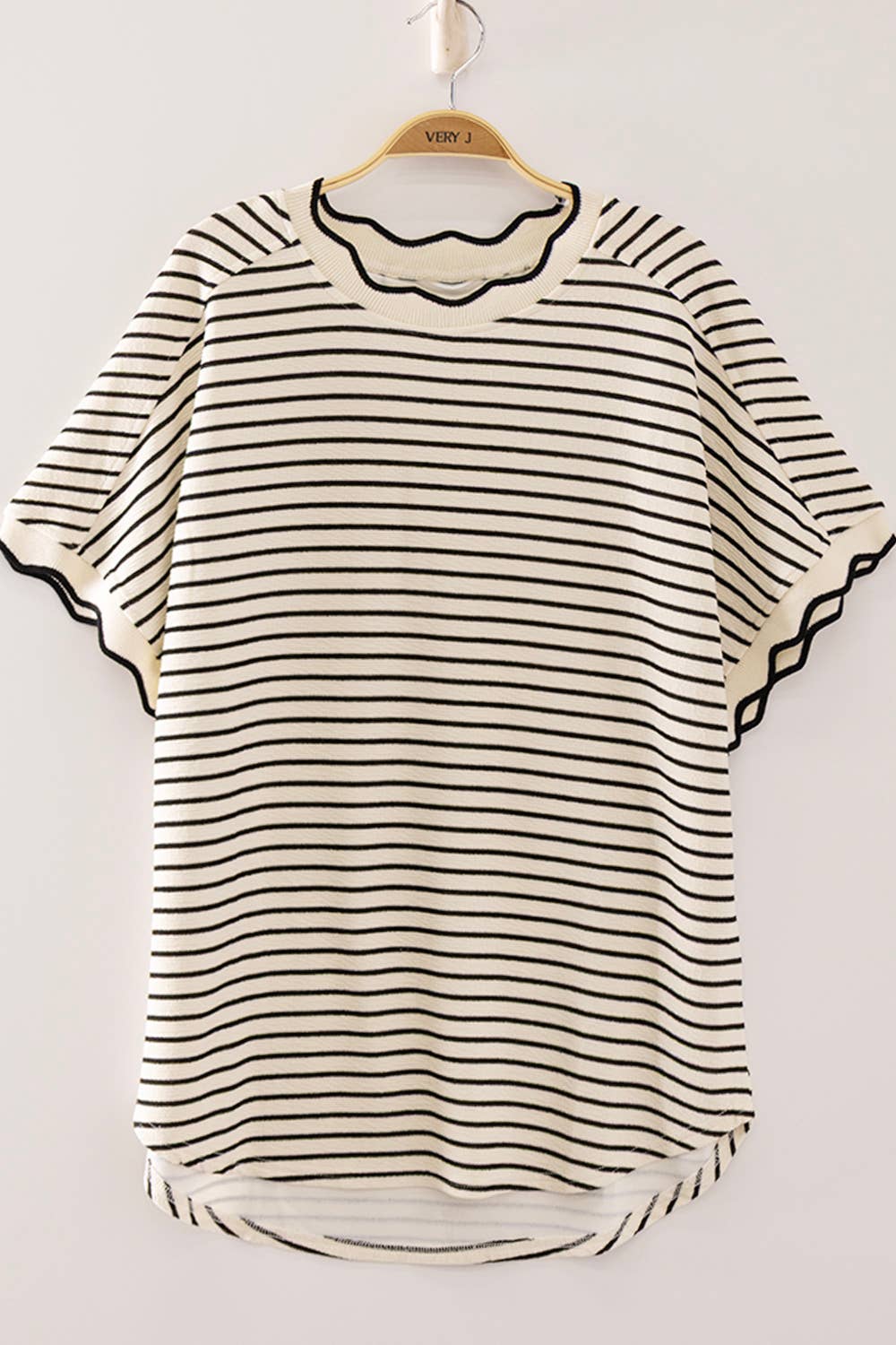 Scallop Trim Stripe Knit Top