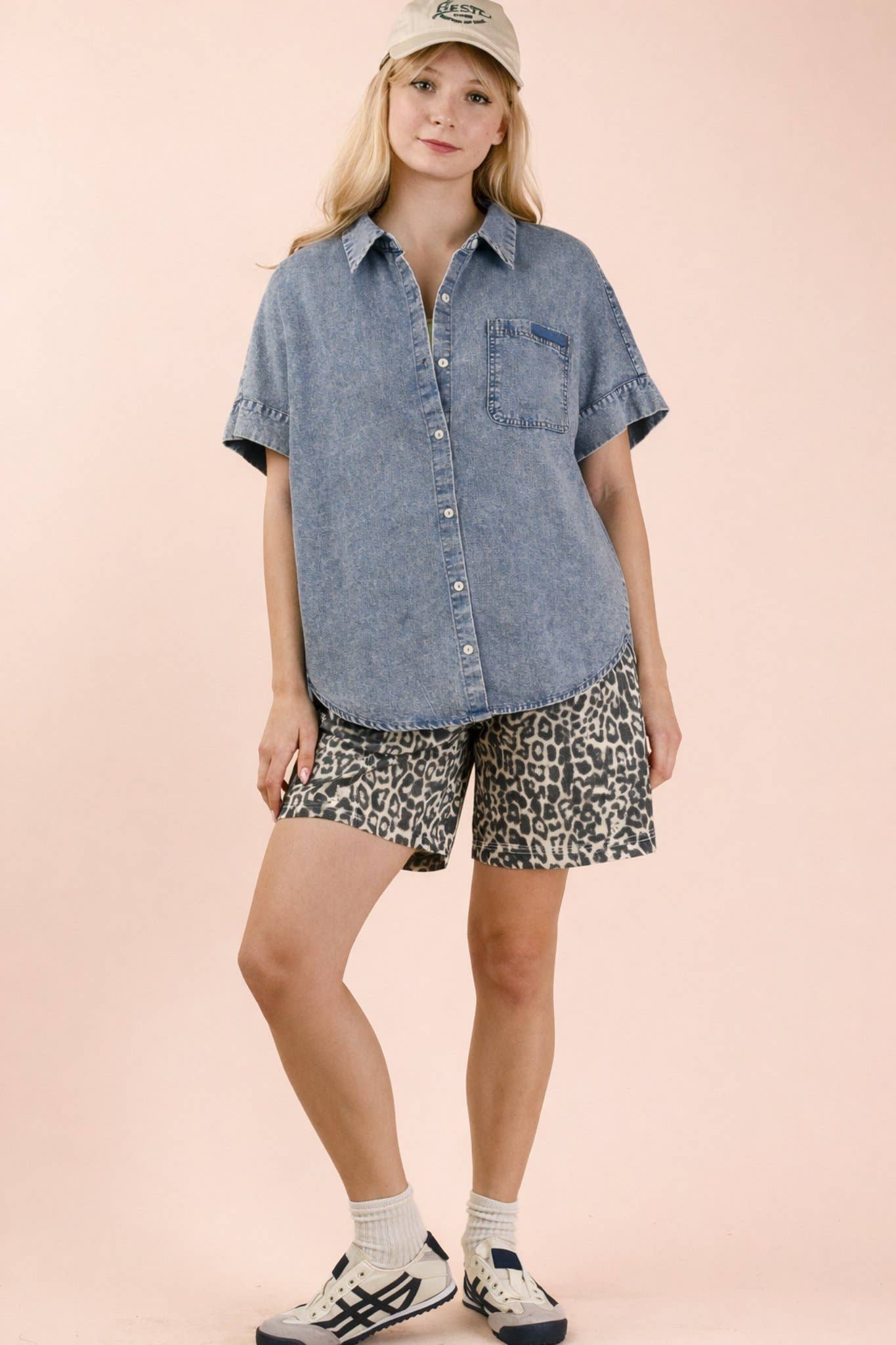 Mineral Washed Chambray Oversized Shirt Top: INDIGO