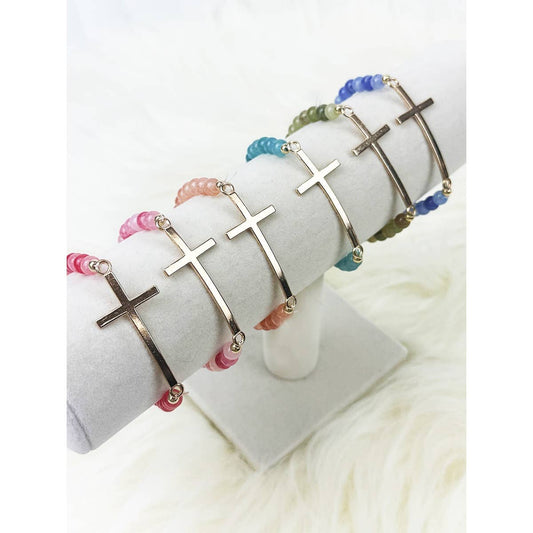 Gold Cross Multi Tone Beaded Stretch Bracelet: MIX COLOR / ONE(12)