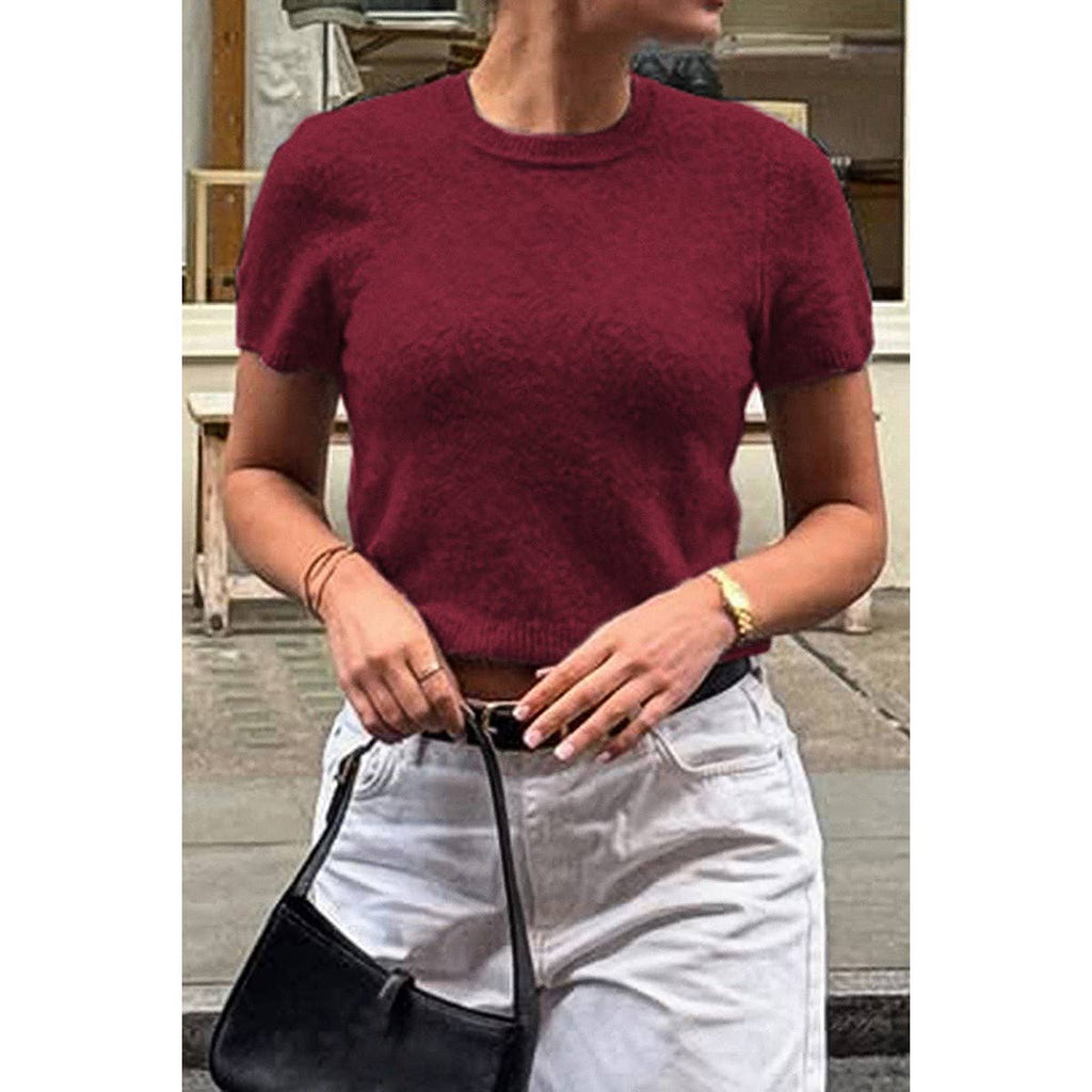 Wool O Neck Knit Short Sleeve Shirt