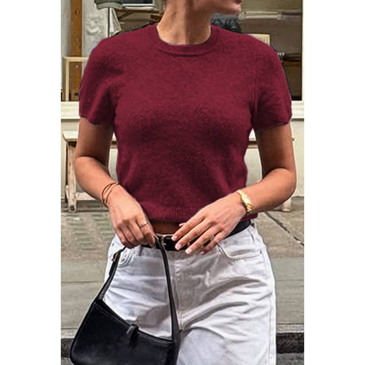 Wool O Neck Knit Short Sleeve Shirt