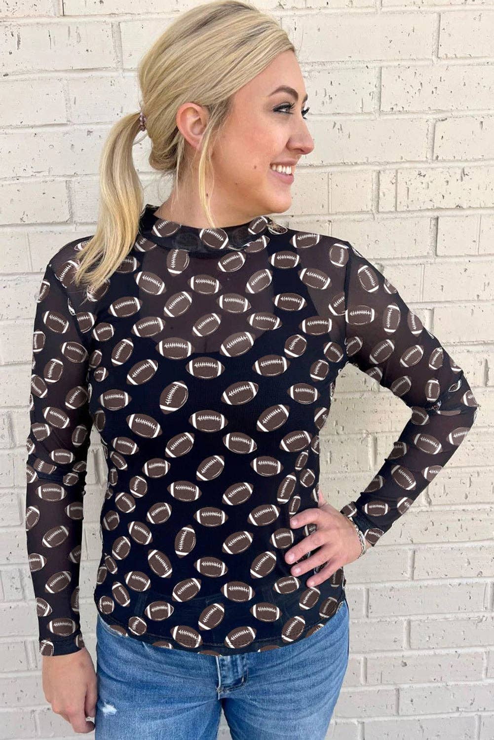 Football Sheer Long Sleeve Top: Black