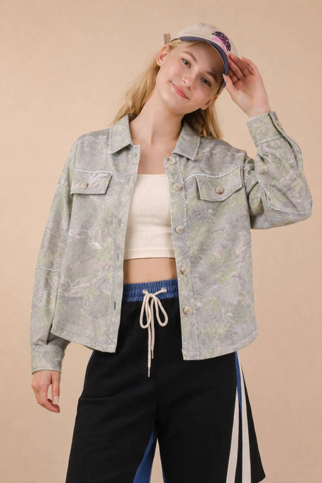 Camo Print Oversized Casual Shacket: OLIVE CAMO