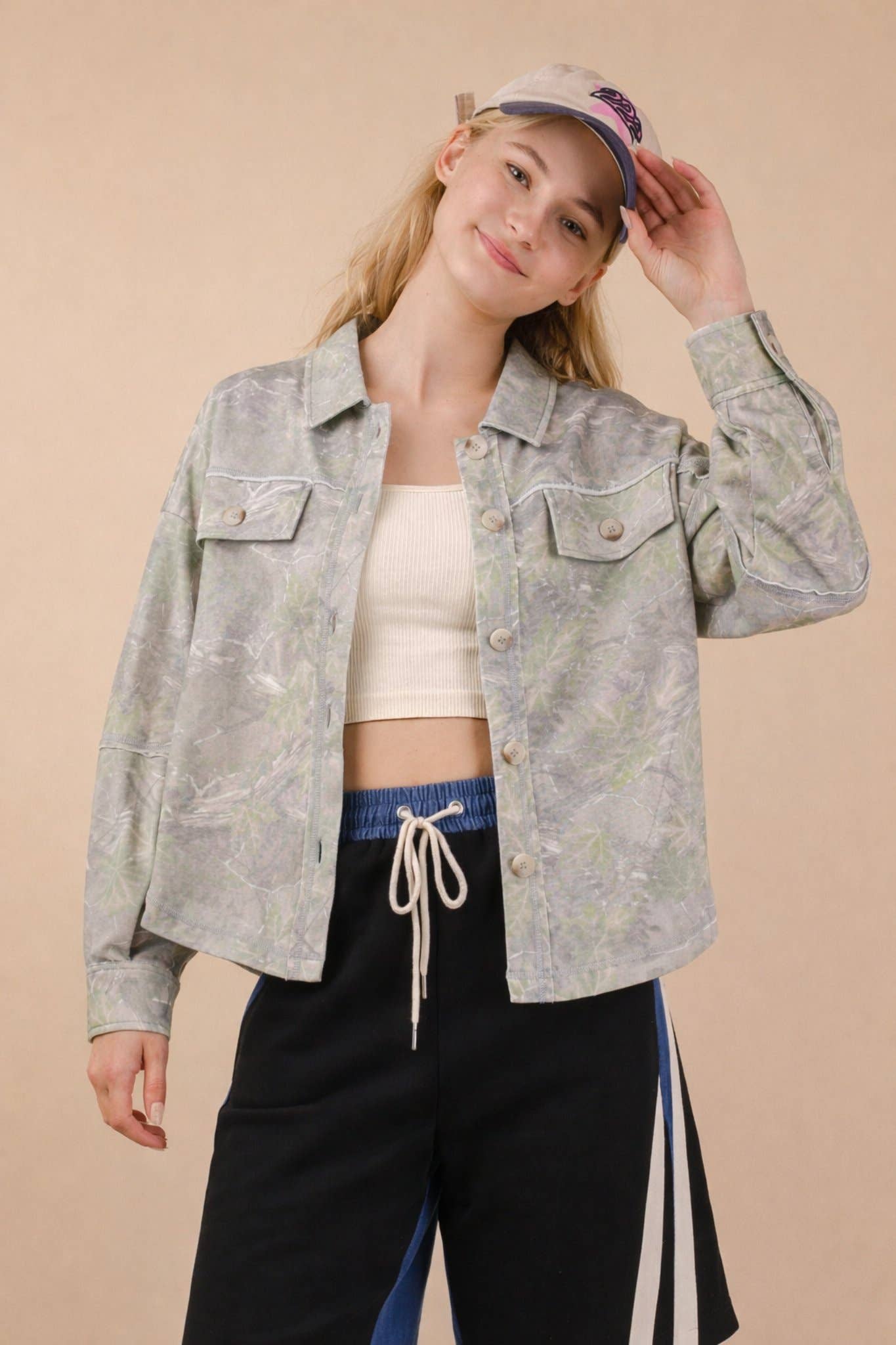 Camo Print Oversized Casual Shacket: OLIVE CAMO