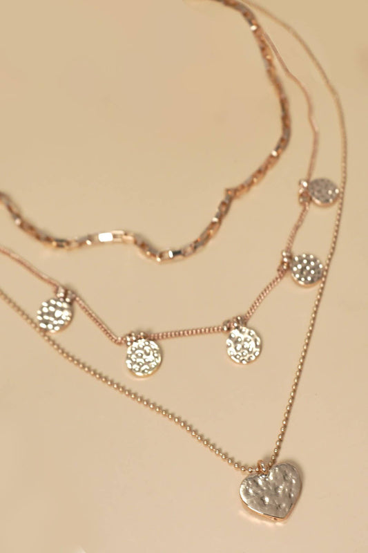 MULTI LAYER HAMMERED DISC HEART NECKLACE | 80N1224: GOLD