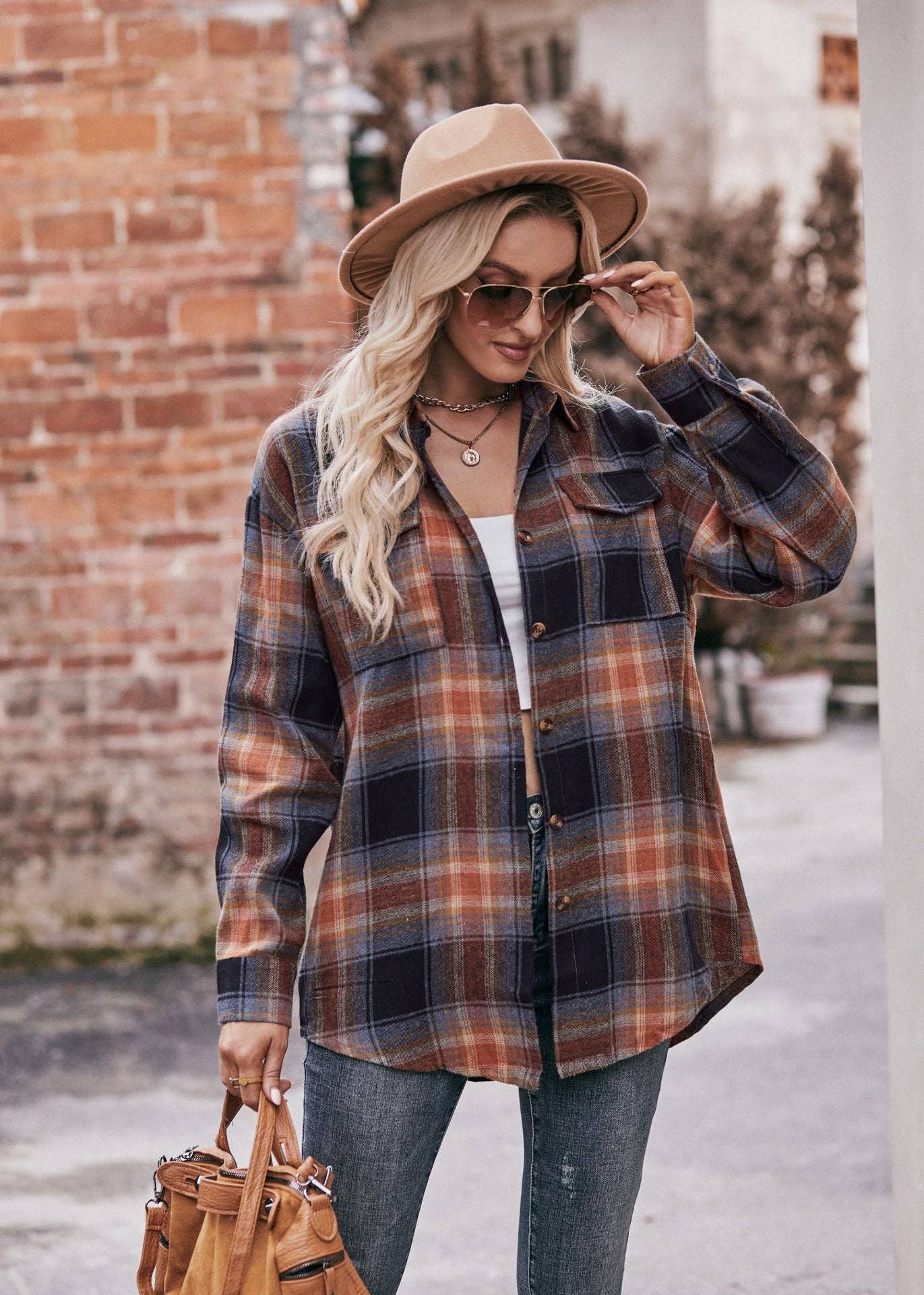 Oversized Loose Plaid Shirt: S