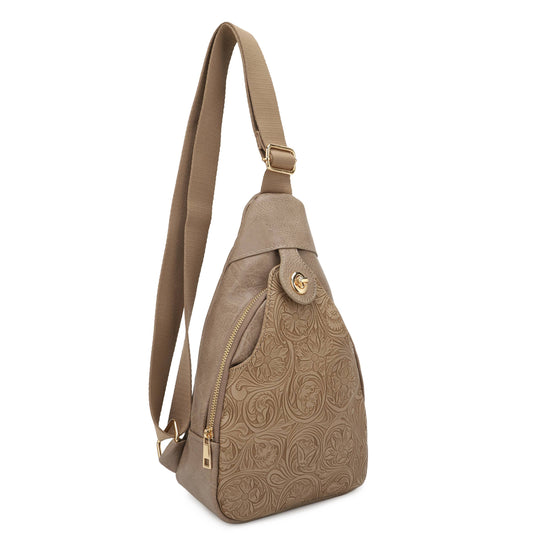 Jacqueline Paisley Tooling Embossed Sling Bag with Turnlock: Light stone