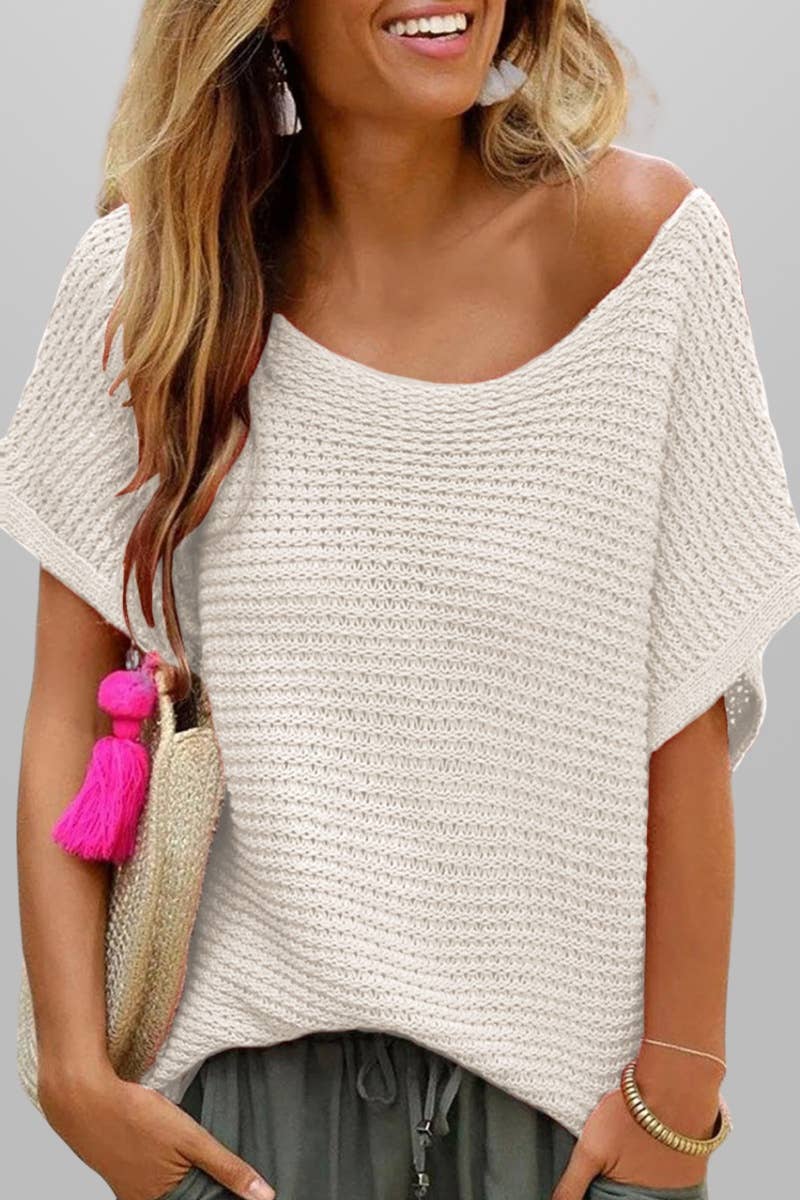 CREW-NECK KNITTED SHORT-SLEEVED TOP: APRICOT