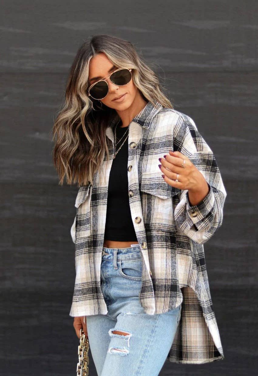 Classic plaid tartan button through basic shacket: Black / L