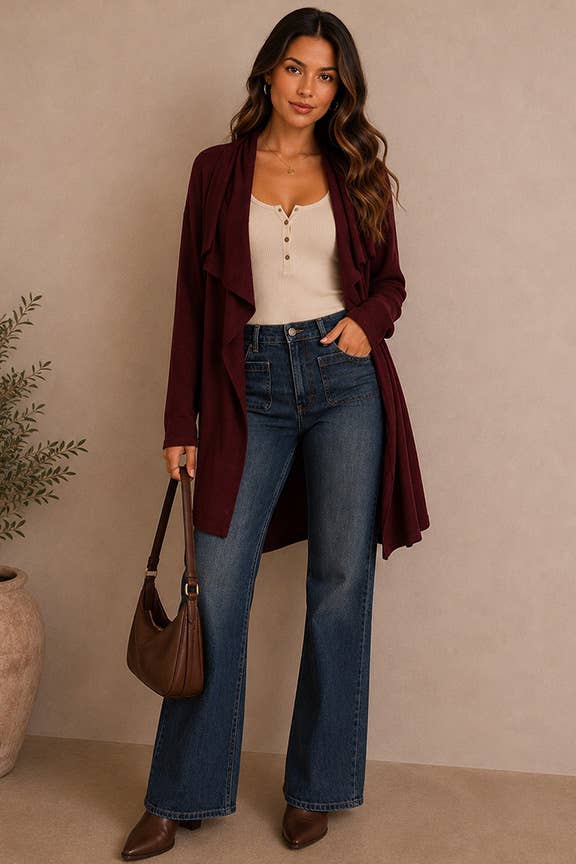 Cozy Open-Front Knit Cardigan: WINE