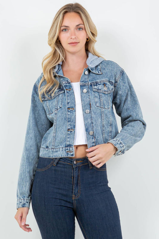Classic Denim Jacket with Removable Knit Hood