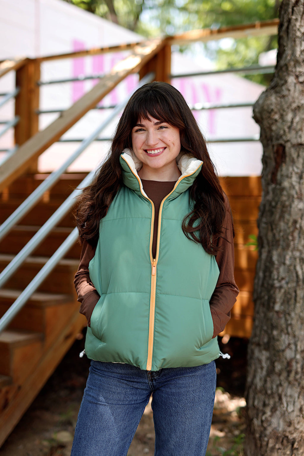 Reversible Quilted Vest- Olive/Cream