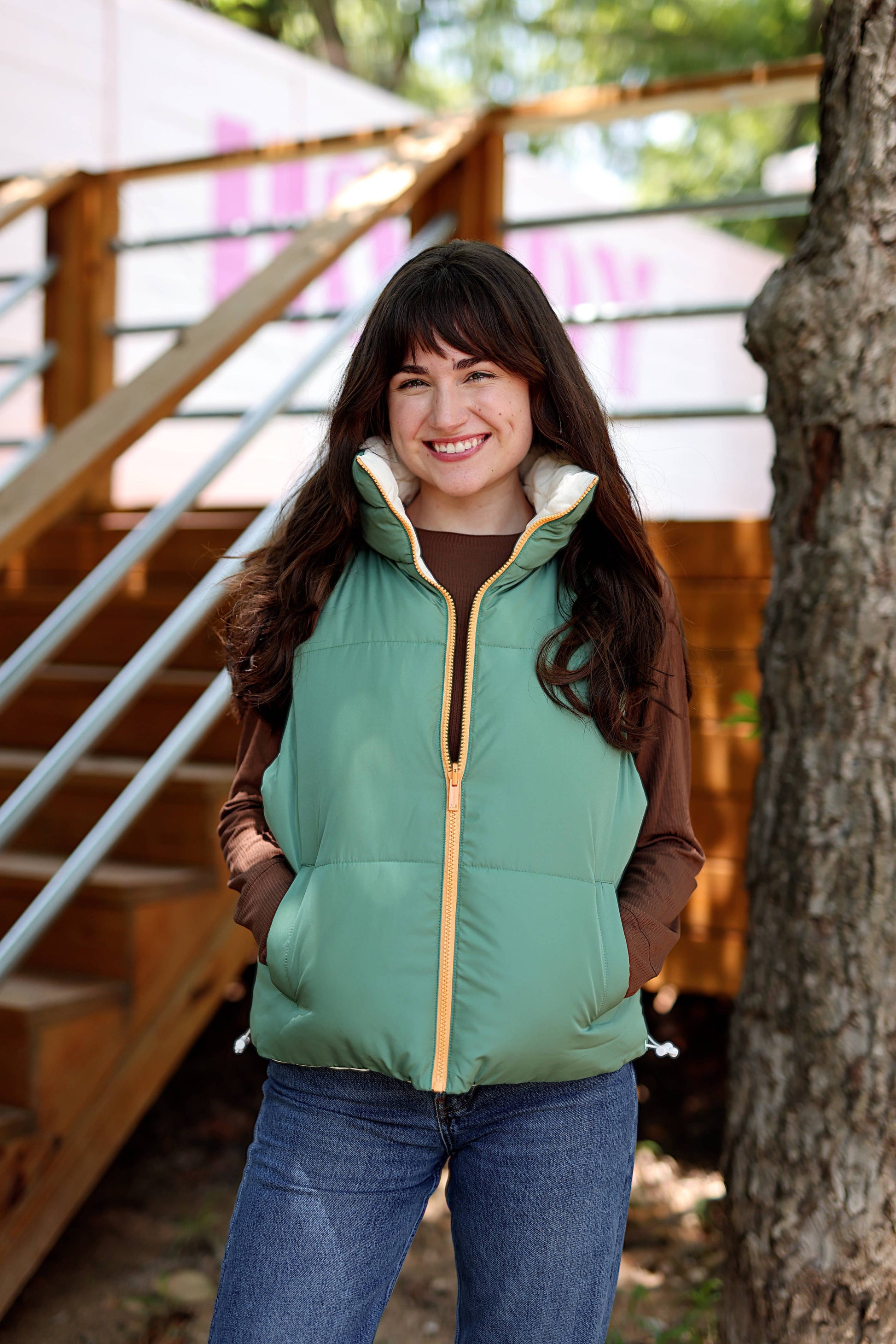 Reversible Quilted Vest- Olive/Cream