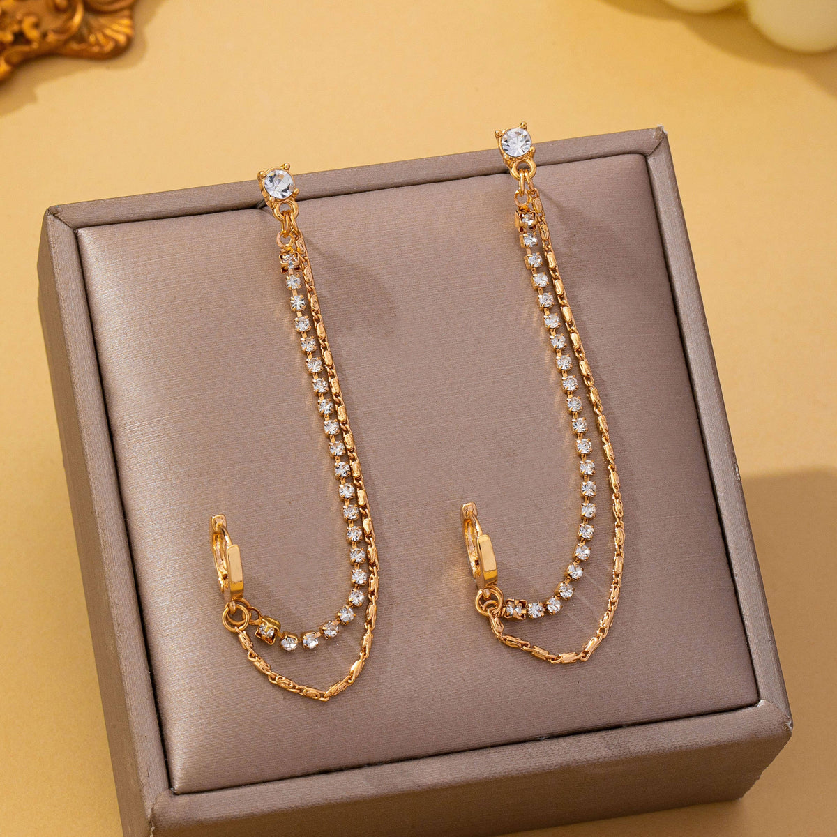 Rhinestone & Gold Double Chain Drapes Drop Earrings: GOLD